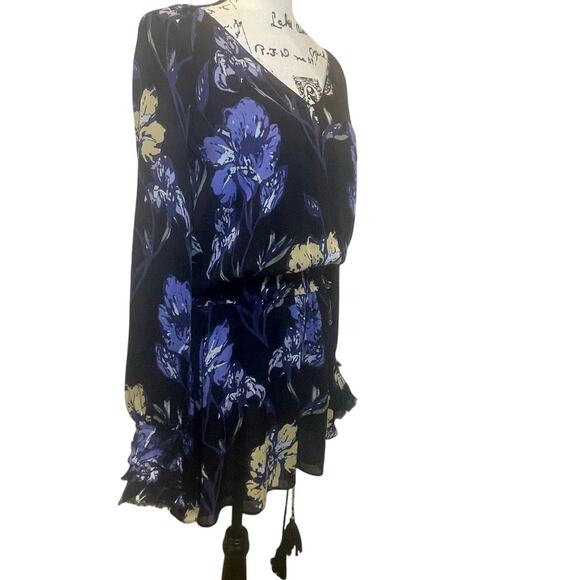 RAMY BROOK MINI DRESS MILENE 100% SILK BLUE FLORAL RUFFLE SMOCKED WAIST SZ S - Picture 10 of 16